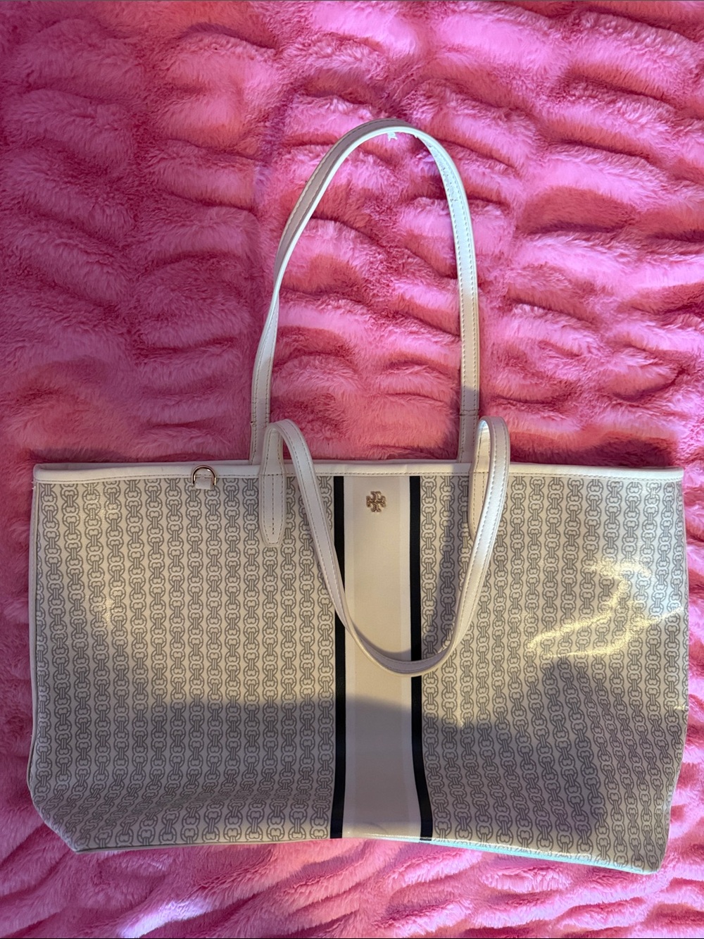Tory Burch White Logo Stripe Tote chain link